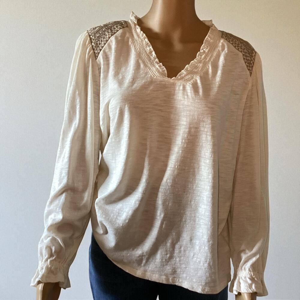 Lucky Brand Embroidered Peasant Top Women Size XL Ivory‎ Balloon Sleeve V neck